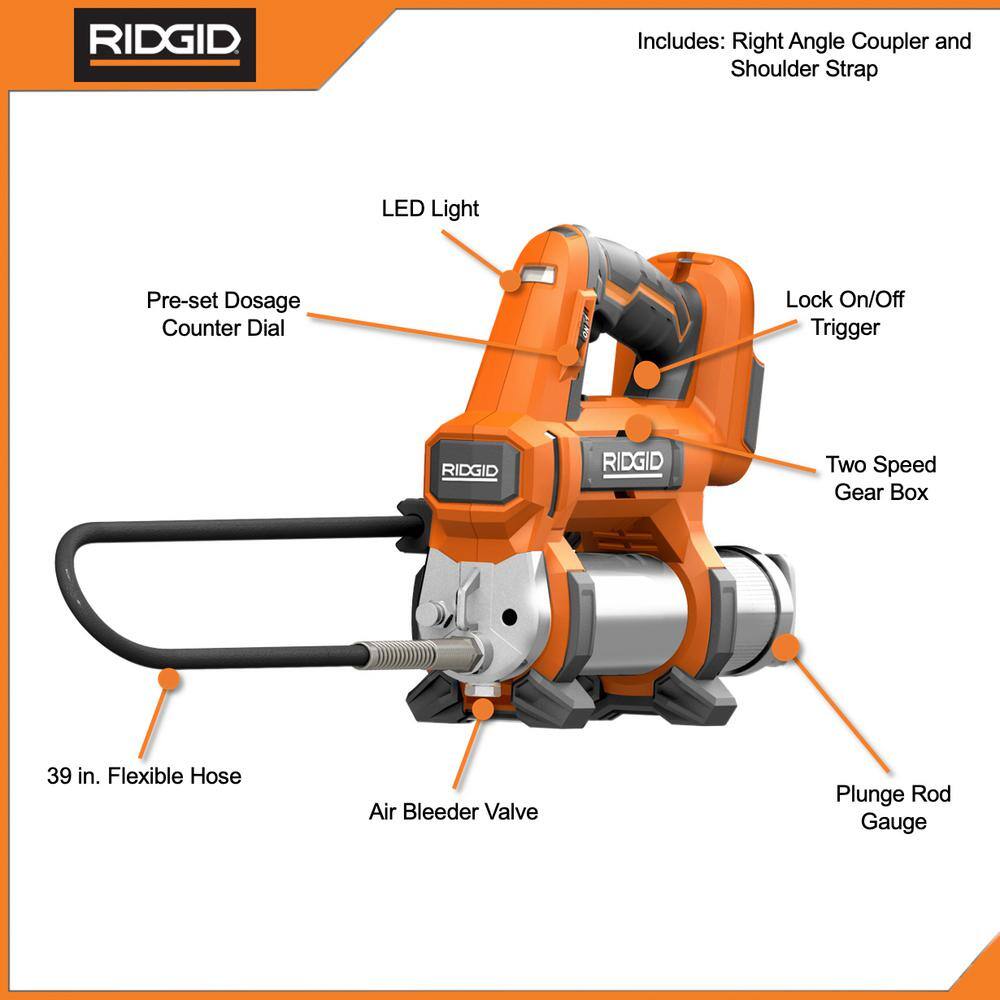 RIDGID 18V Cordless Grease Gun Kit with 2.0 Ah Battery and Charger with 18V Lithium-Ion 2.0 Ah Battery and Charger Kit R860445KN-AC9302