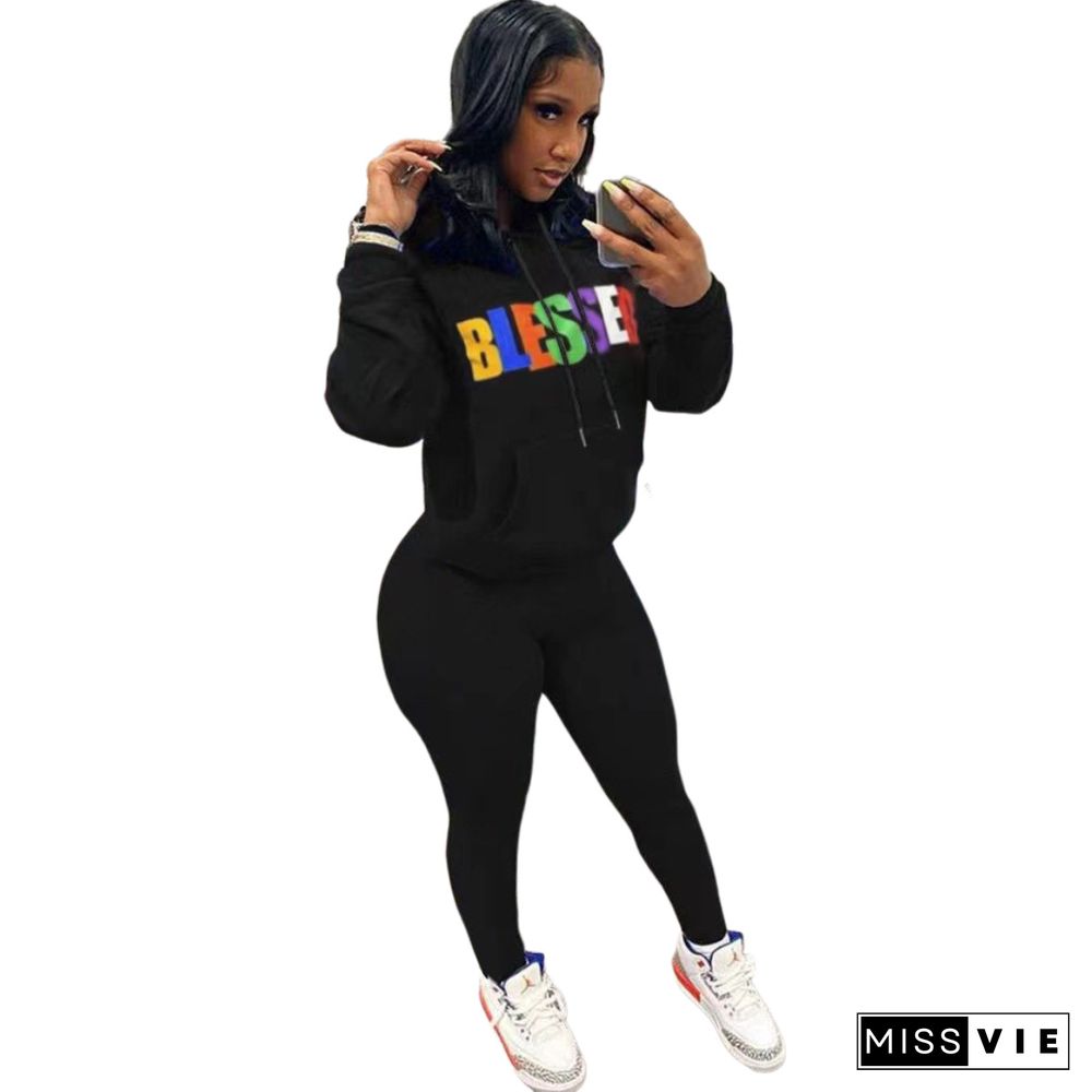 Fleece Tracksuits Letter Print Hooded Pants Set