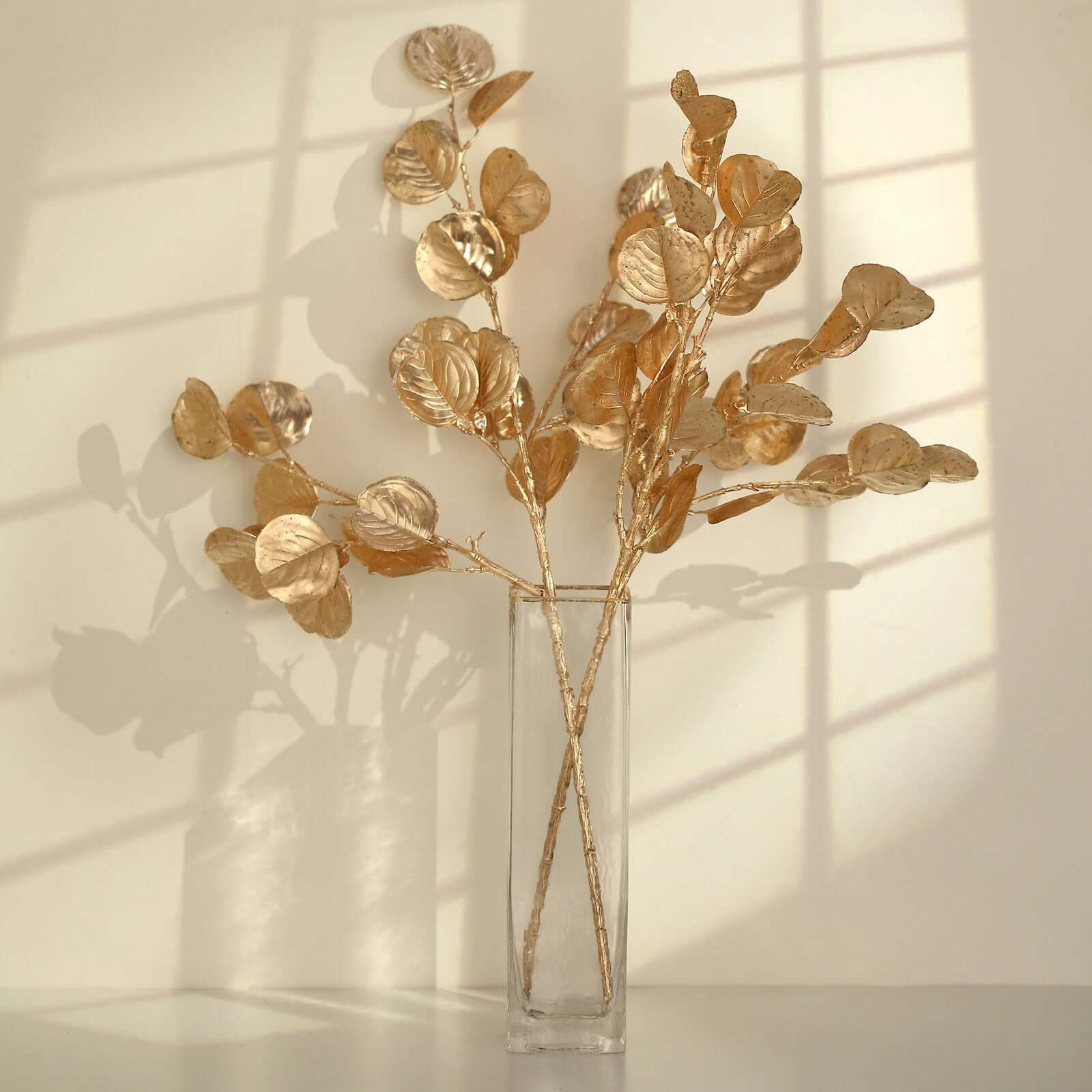 2 Pack Metallic Gold Artificial Round Eucalyptus Leaf Branches, Faux Decorative Bouquets 27