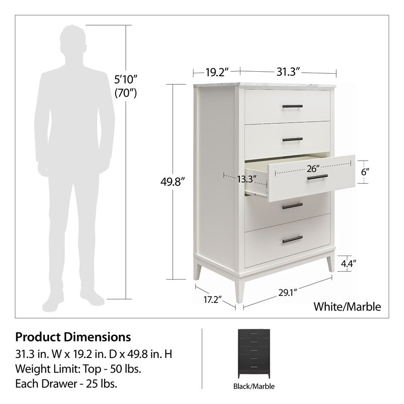 Ameriwood Home Lynnhaven Tall 5 Drawer Dresser in White w/ White Marble Top