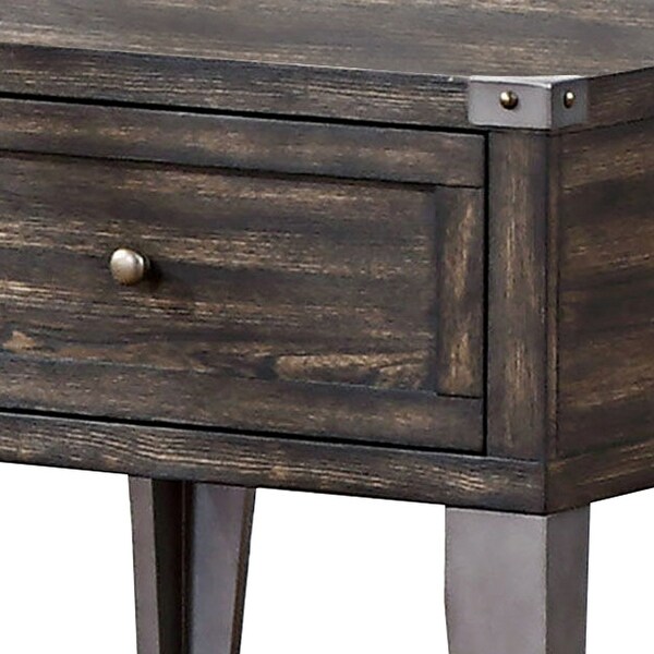 1 Drawer Wooden End Table with Metal Angled Legs， Brown