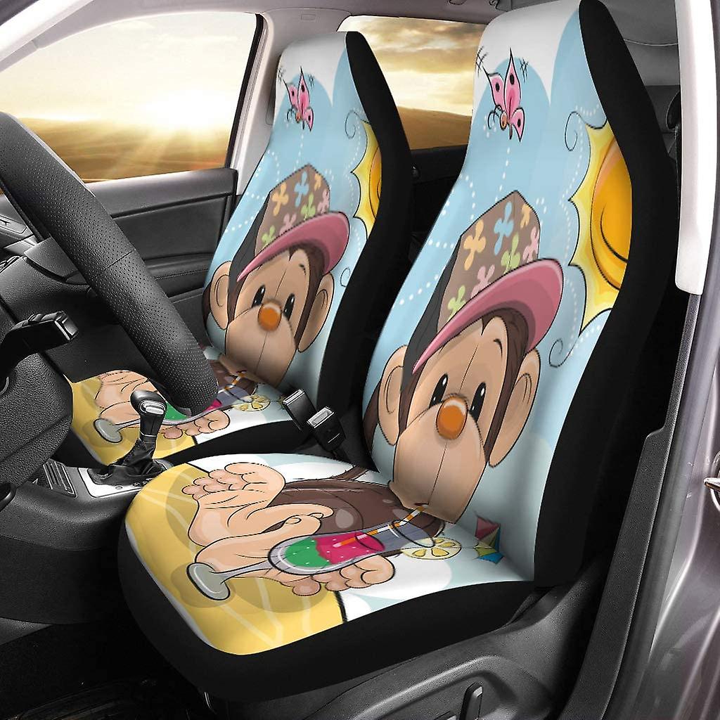 Set Of 2 Car Seat Covers Pink Cute Monkey In Cap Beach Animated Ape Universal Auto Front Seats Protector Fits For Car，suv Sedan，truck