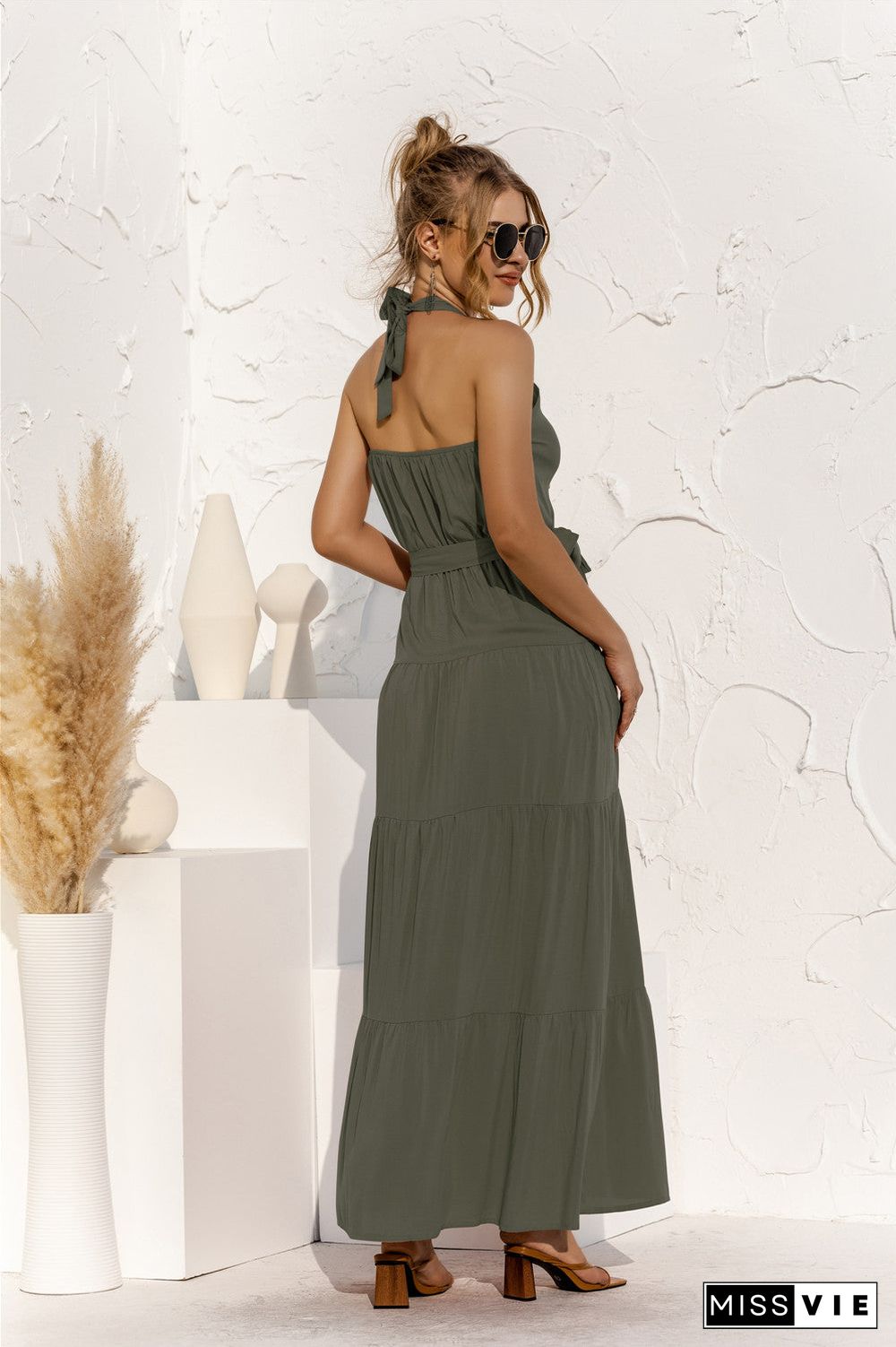 Tie Waist Round-Neck Spaghetti Strap Backless Maxi Dress