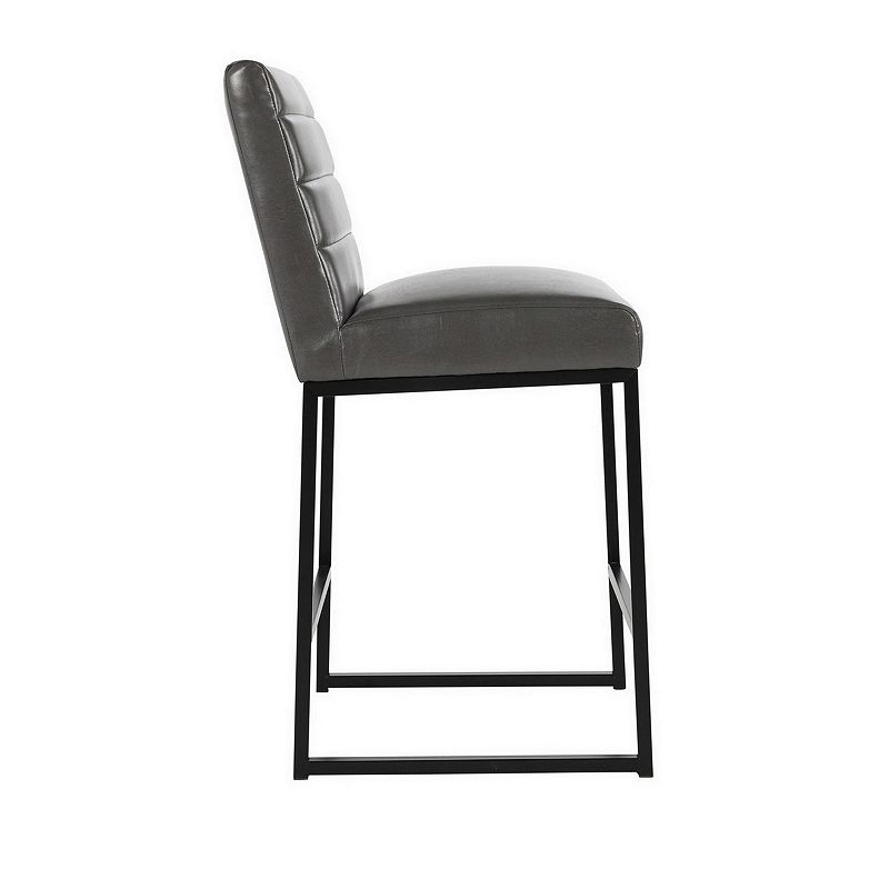 Vinn 26 Inch Modern Counter Stool， Channel Tufted， Vegan Faux Leather， Gray