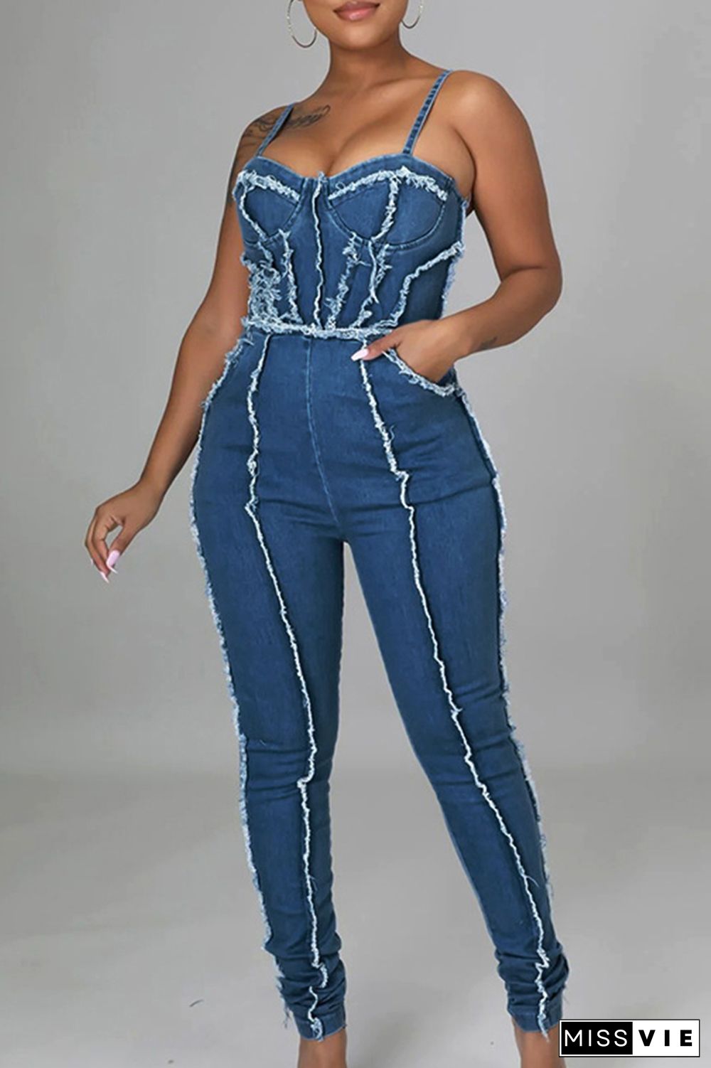 Blue Street Solid Tassel Patchwork Zipper Spaghetti Strap Skinny Jumpsuits