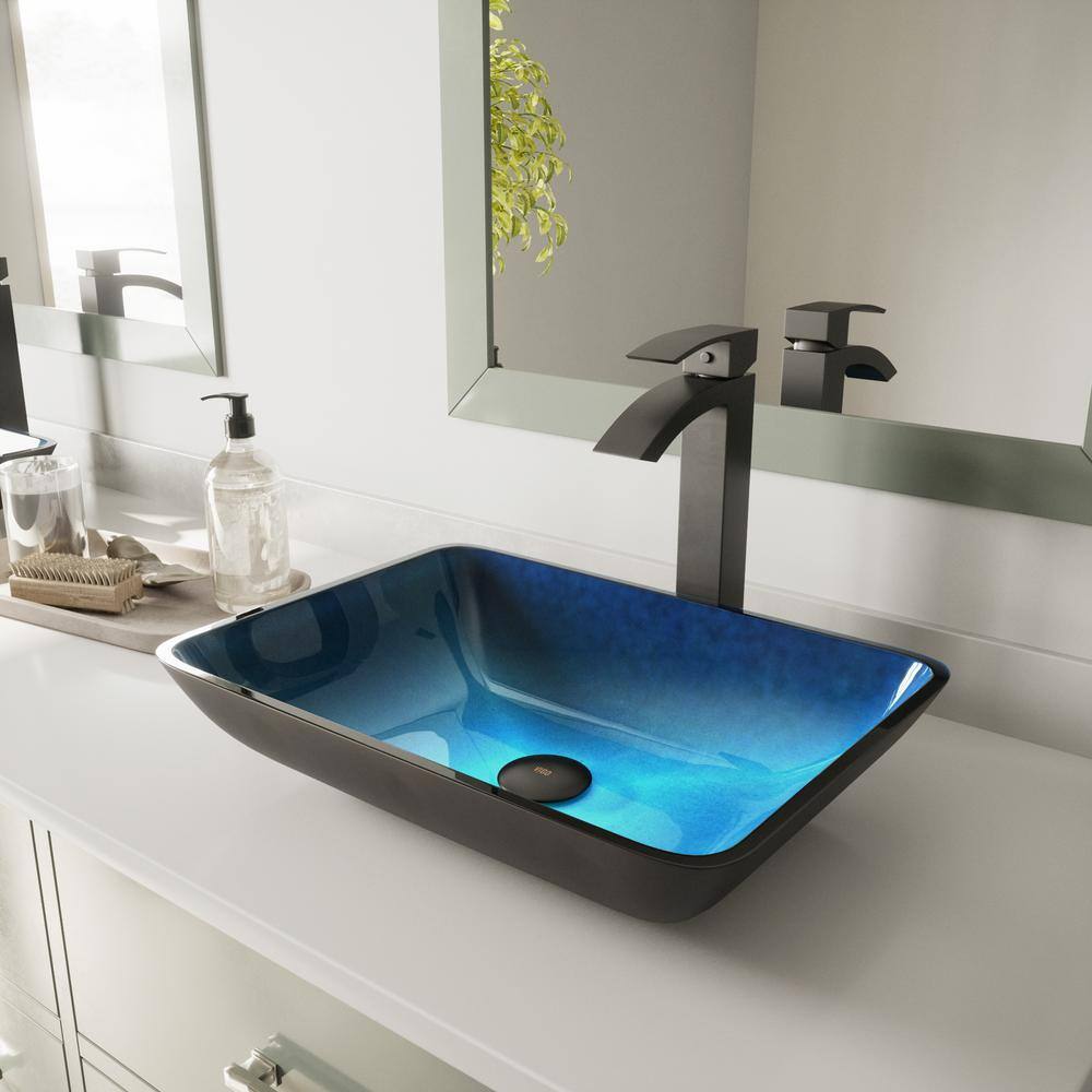 VIGO Donatello Turquoise Blue Glass 18 in. L x 13 in. W x 4 in. H Rectangular Vessel Bathroom Sink VG07068