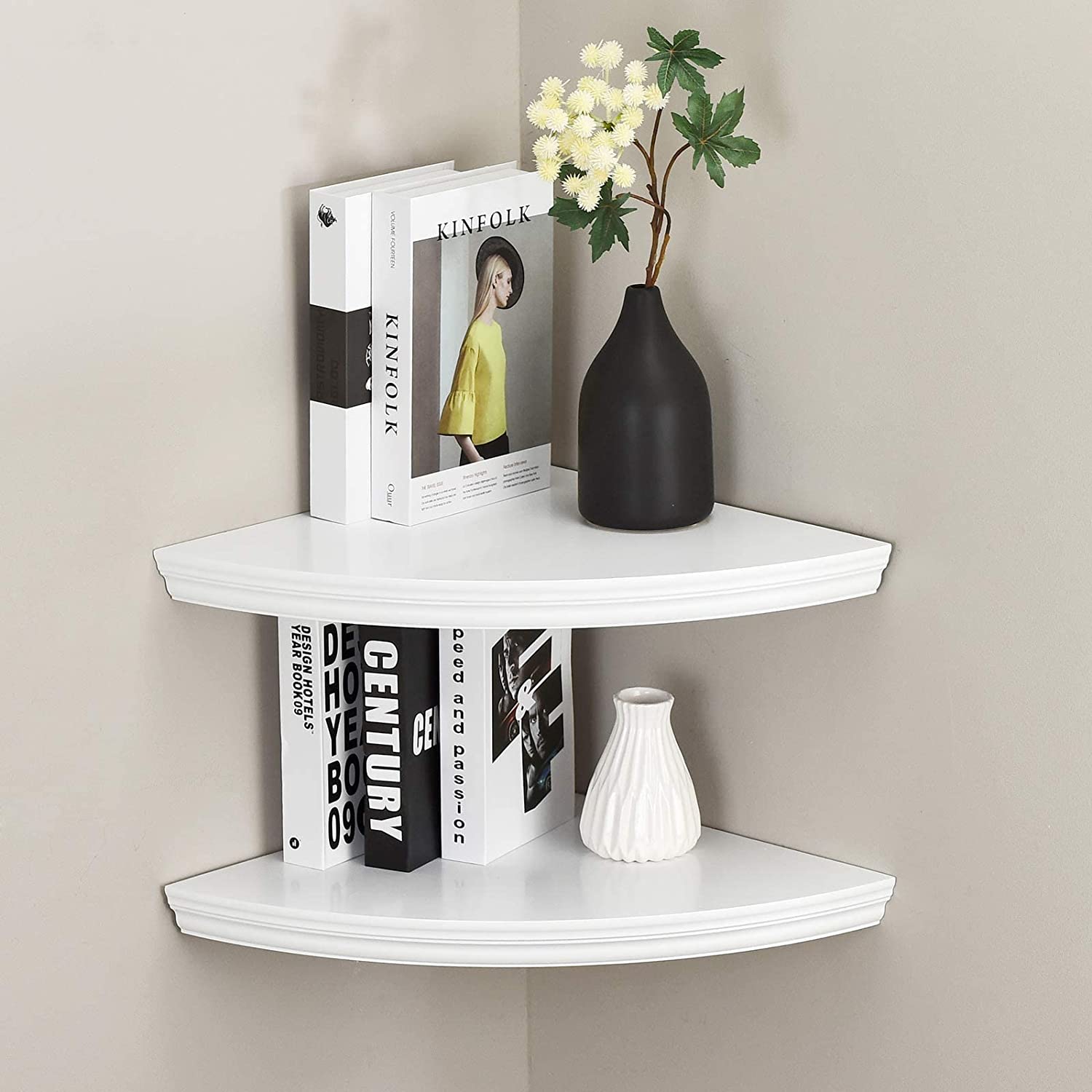 WELLAND Modern Wall Mounted Corner Shelves Corner Display Floating Shelf, Set of 2, White Finish