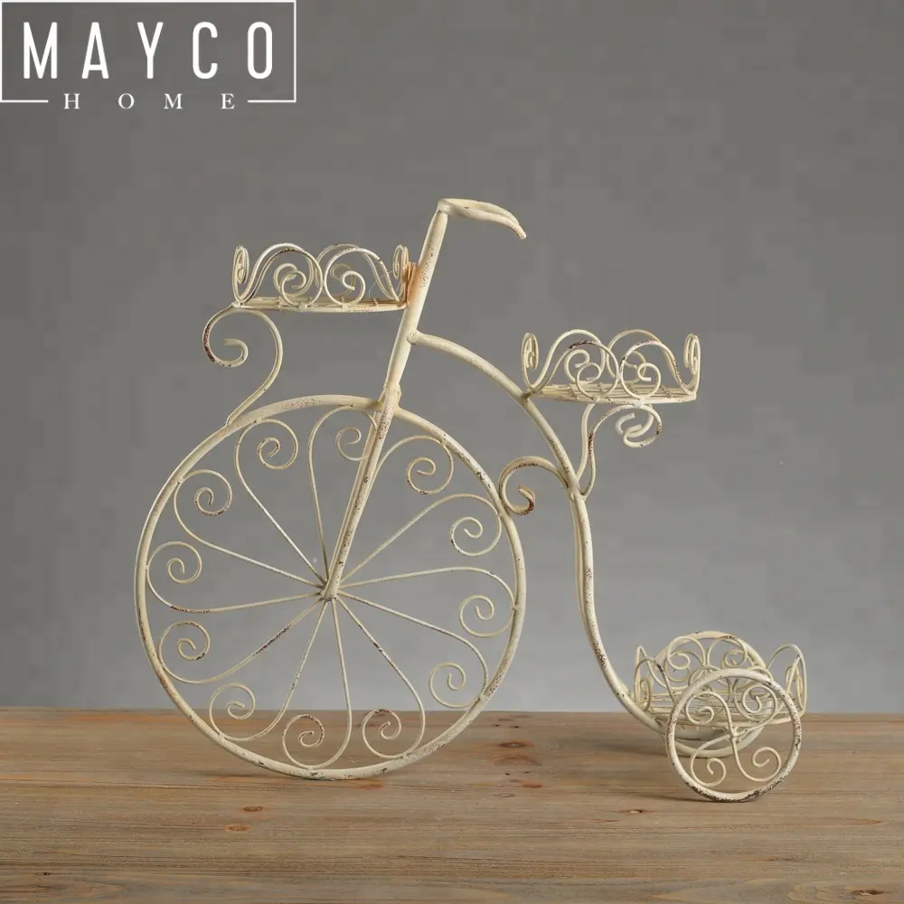 Mayco Garden Supplies White 3 Tier Metal Wrought Iron Plant Stand Decorative Garden Bicycle