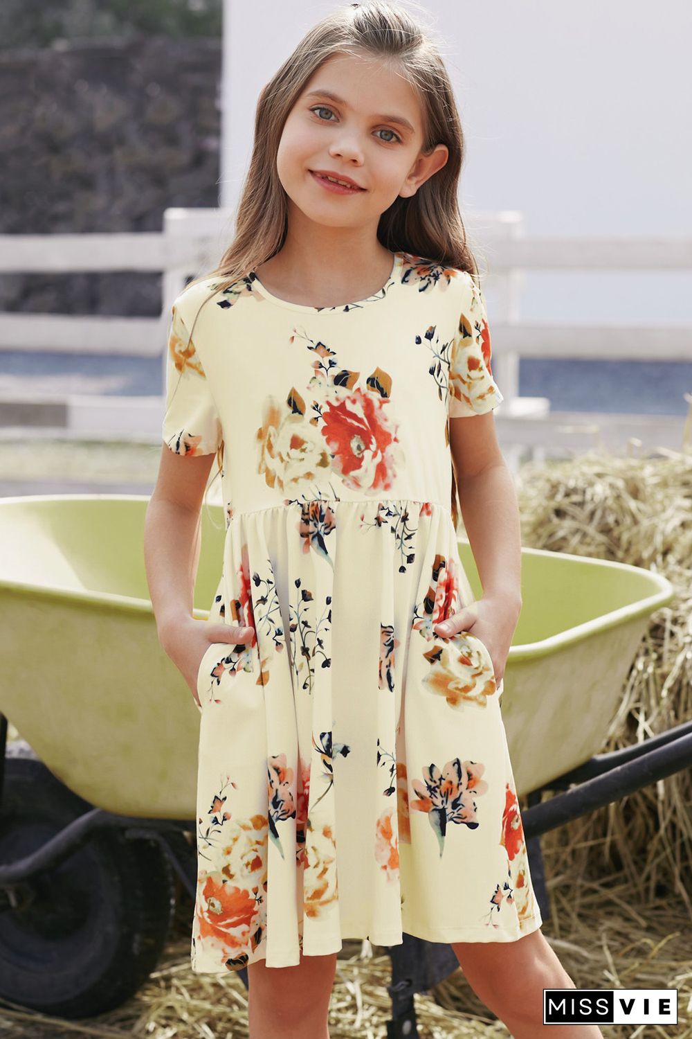 Short Sleeve Pocketed Children's Floral Dress