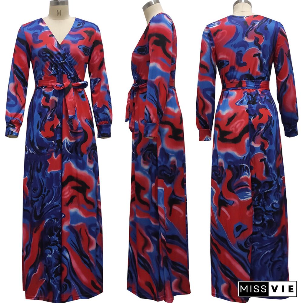 Summer Vacation Printed Long Sleeve Deep V Neck With Waist Belt A Line Women Maxi Dress