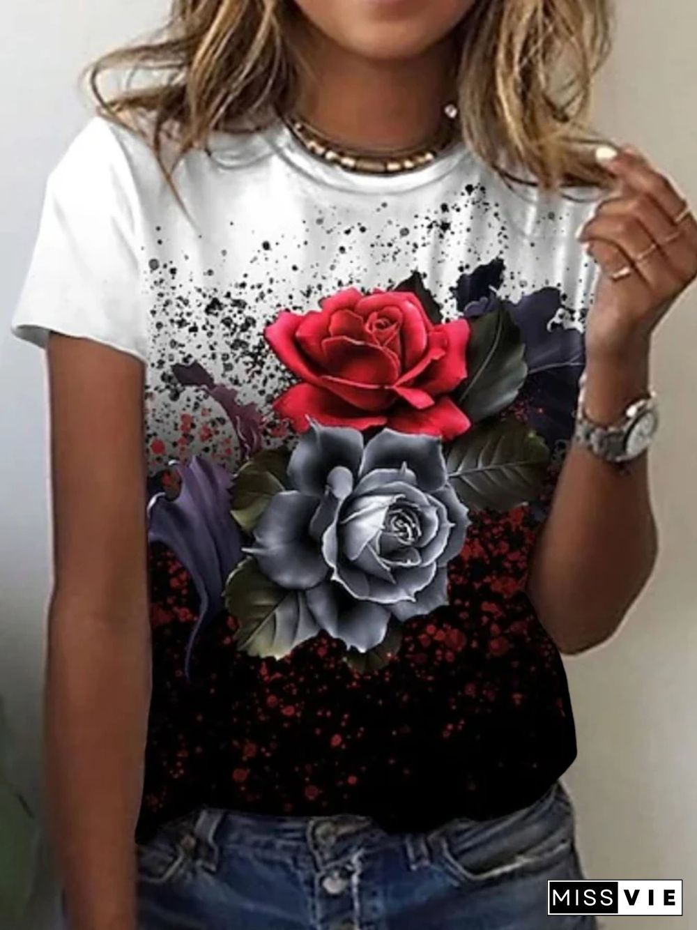 Casual Floral Short Sleeve Round Neck Plus Size Printed Tops T-shirts