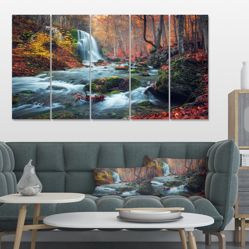 Autumn Mountain Waterfall Long View Landscape Photo Canvas Print   Orange