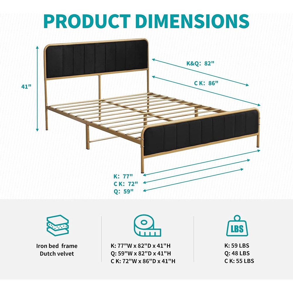 Mixoy Metal Platform Bed Frame with Dutch Velvet Headboard  Clearance Bed Frame Upholstered Headboard  Metal Strip Support