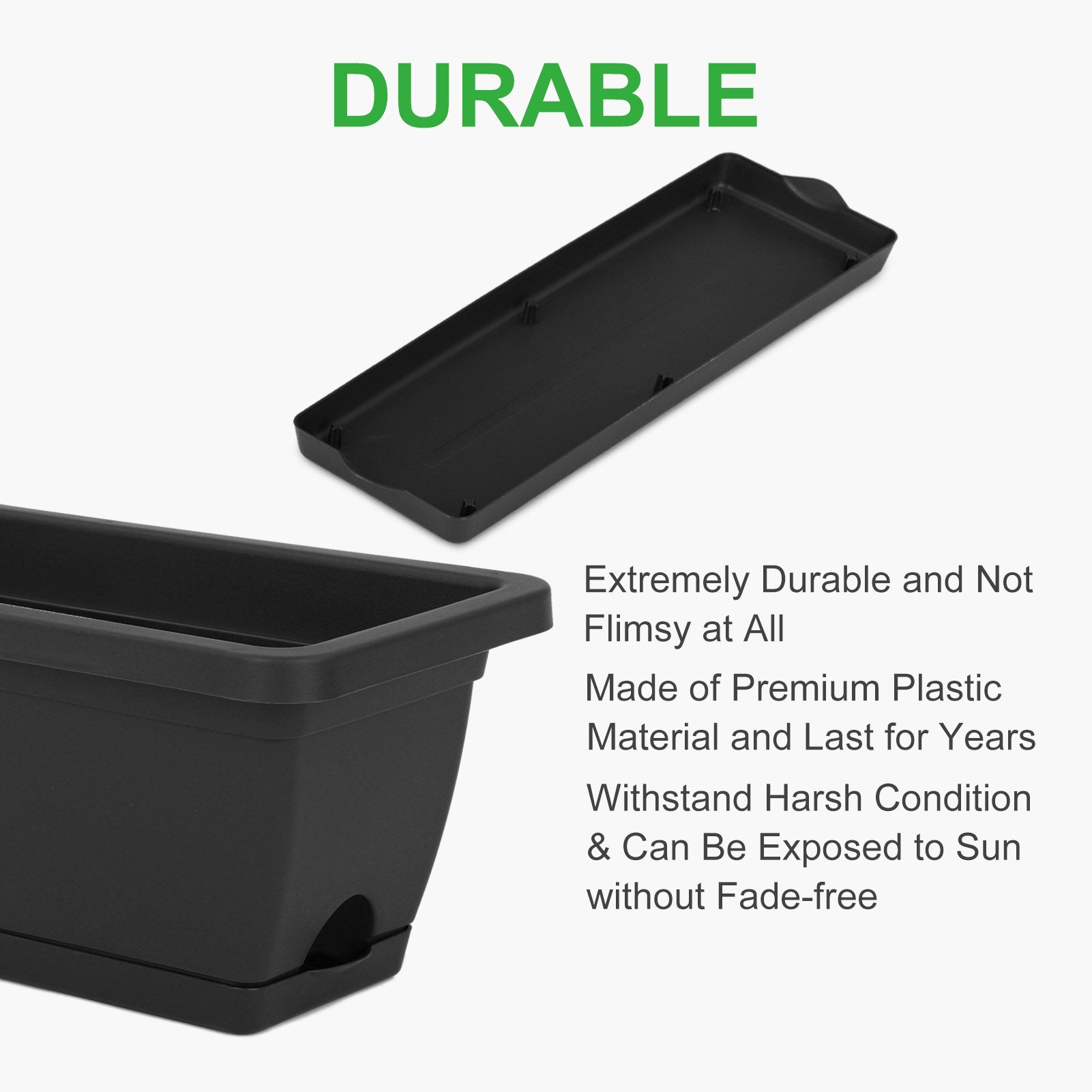 GROWNEER 17 Inches 3 Packs Black Window Box Rectangular Flower Vegetable Planter Boxes Plastic Flower Pot with 15 Pcs Plant Labels, Plant Container with Saucer for Windowsill, Patio, Garden, Home