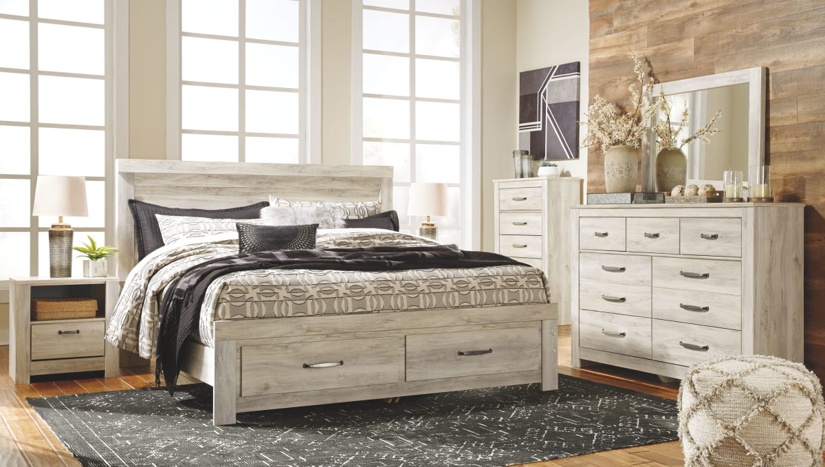 Bellaby Queen Storage Bed with Dresser Mirror and Nightstand