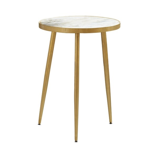 22 Inch Modern Accent Table， Round Marble Top， White， Gold