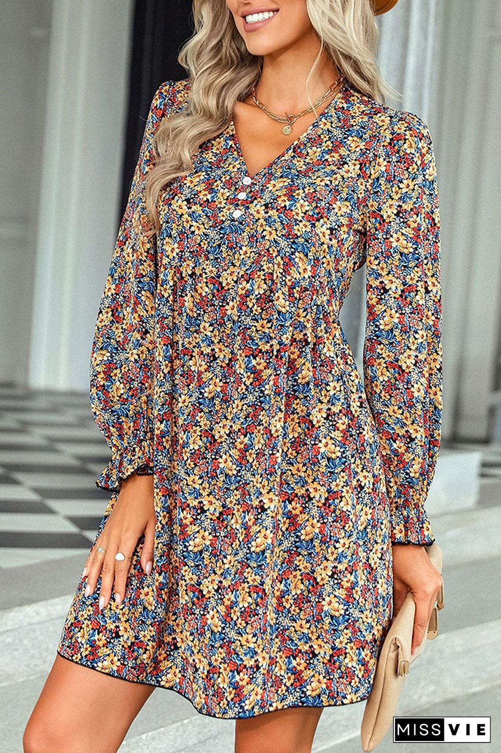 Button Down V Neck Floral Long Sleeves Mini Dress