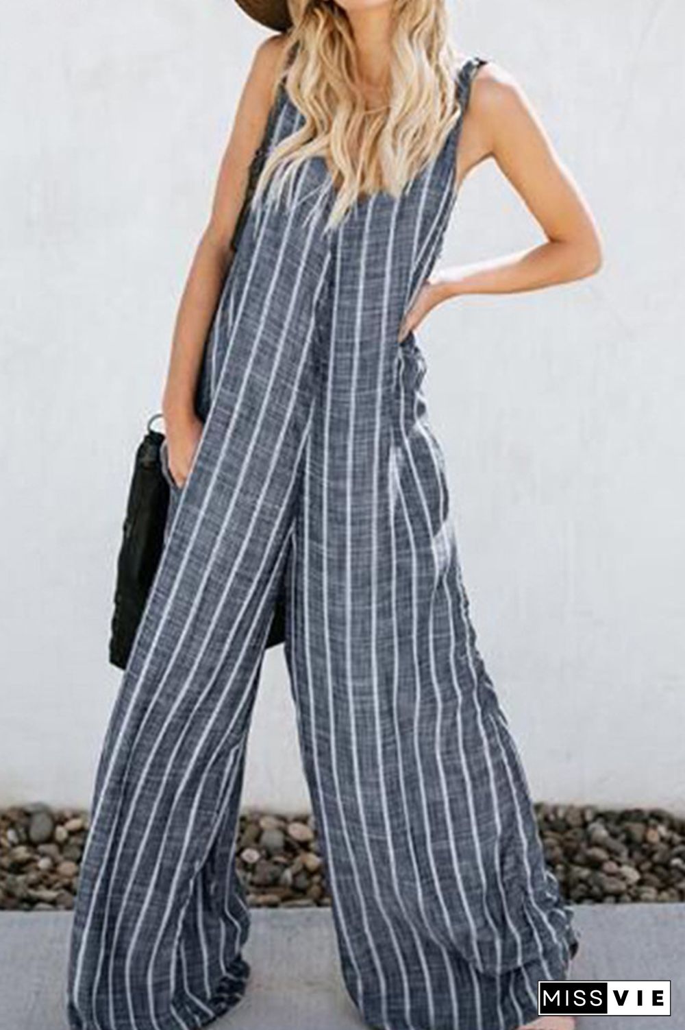 Casual Striped Split Joint V Neck Loose Jumpsuits