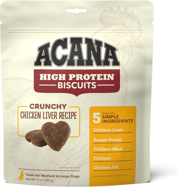 ACANA High-Protein Biscuits Grain-Free Chicken Liver Recipe Med/Large Breed Dog Treats， 9-oz bag