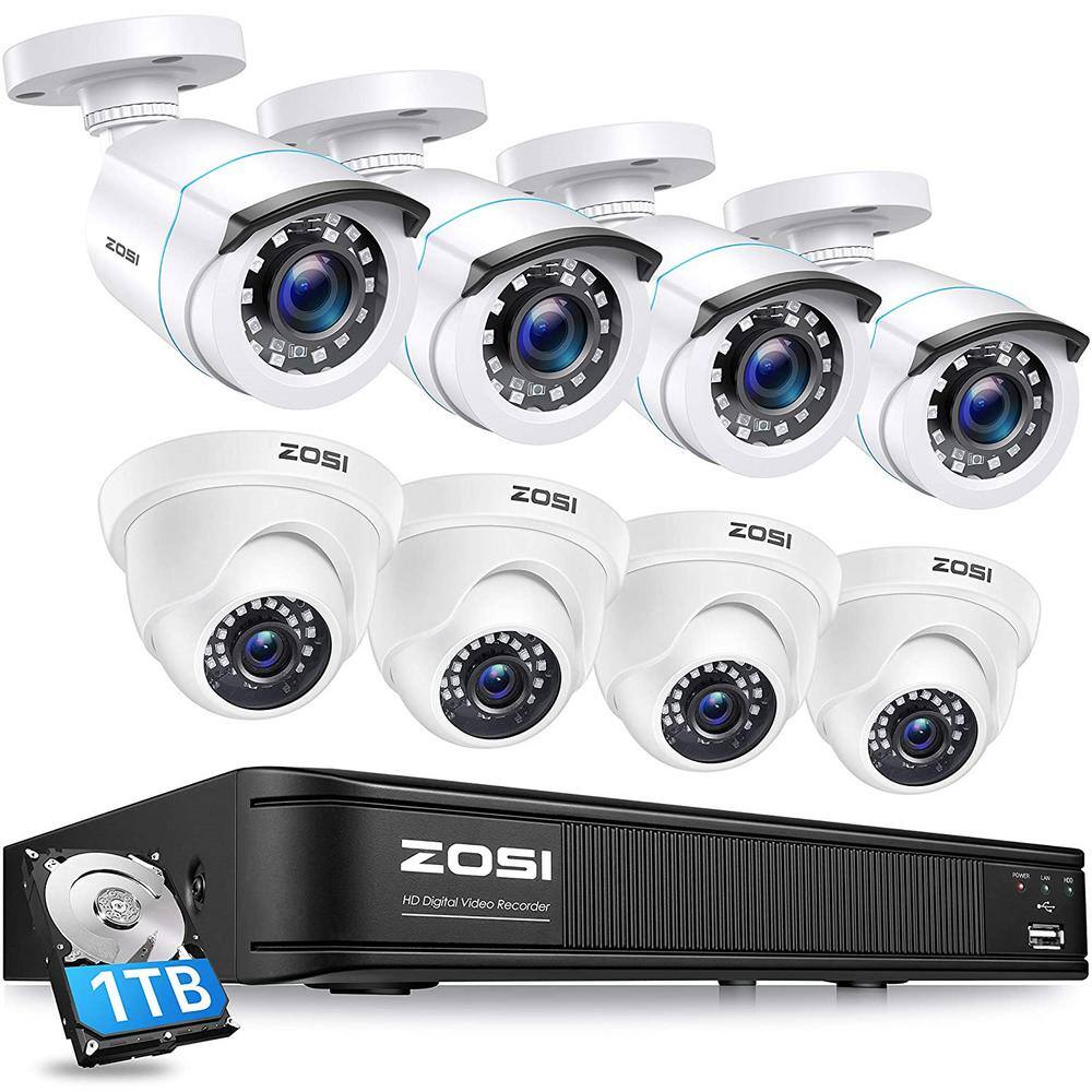 ZOSI 8 Channel 1080p 1TB Hard Drive DVR Security Camera System with 4 Wired Dome Cameras + 4 Wired Bullet Cameras 8VM-106X418W4S-10