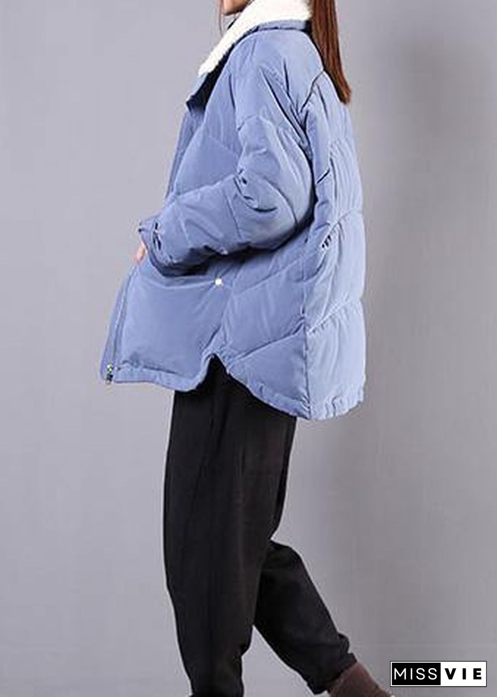 Elegant blue Parkas for women Loose fitting winter jacket lapel pockets zippered overcoat