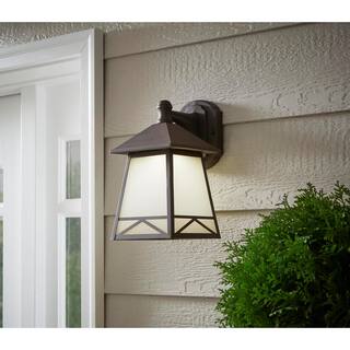 Hampton Bay Bronze Outdoor LED Wall Lantern Sconce with Frosted Tea Stain Glass GKC1691L