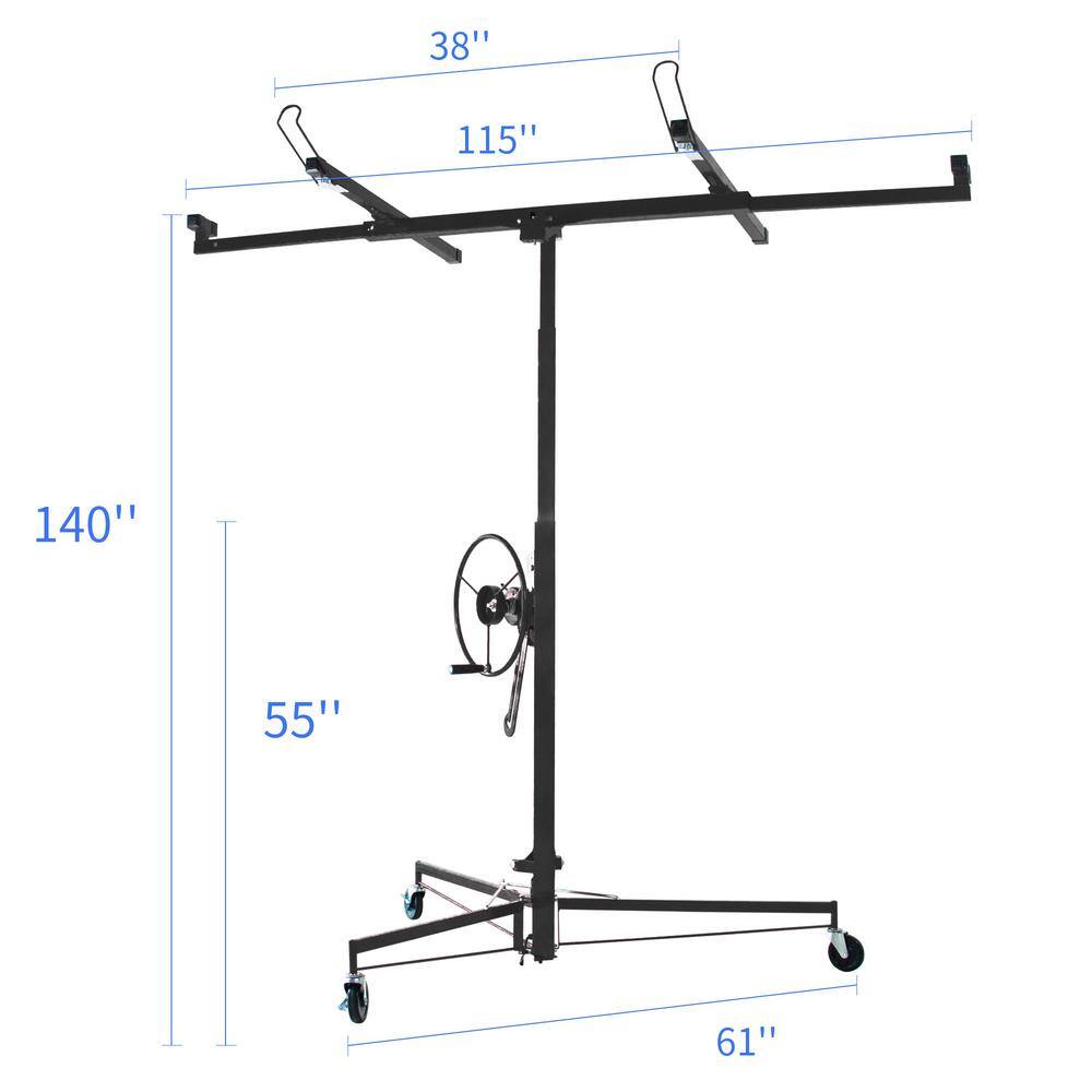 Kahomvis 11 ft. Heavy-Duty Steel Drywall Lift Drywall Panel Hoist in Black with Wheel Base Heng-LKW3-68