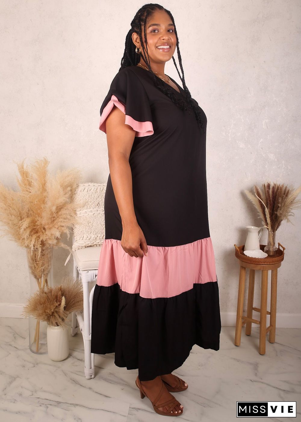 Plus Size Two Tone Tiered Sleeve Dress, Black