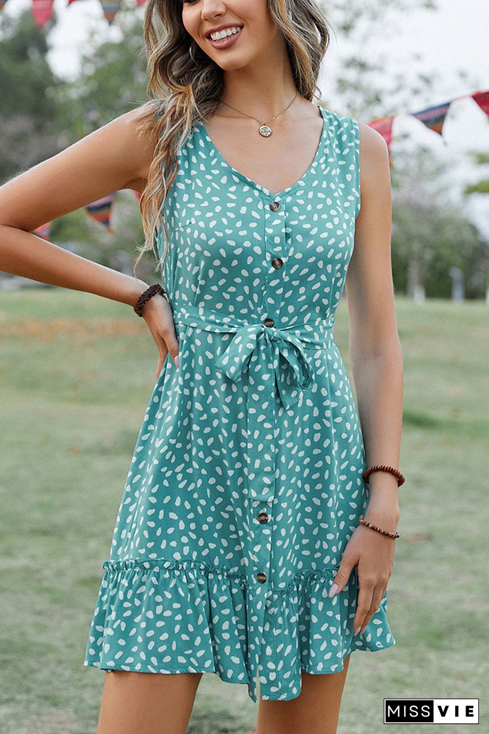 V Neck Buttoned Printed Sleeveless Dress With Sash