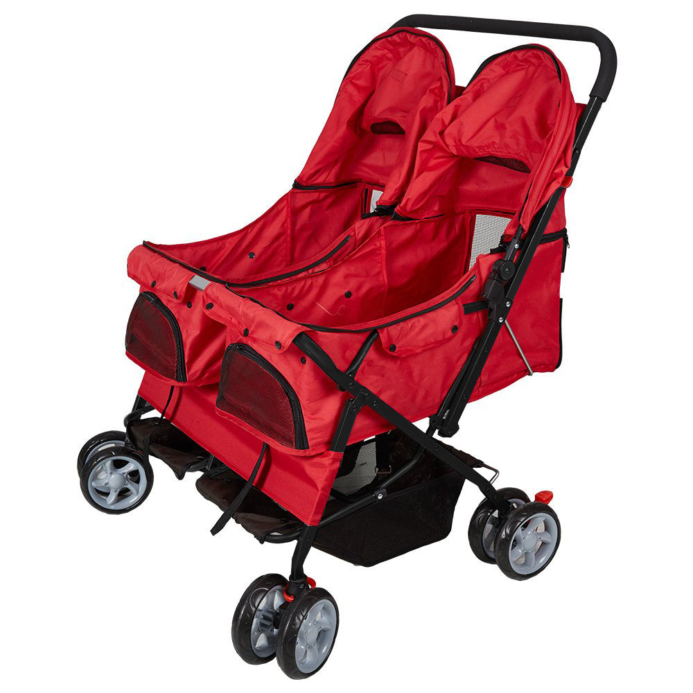 Karmas Product Pet Stroller Foldable Doggy Stroller Two-Seater Carrier Strolling Cart for Dog Cat and More Multiple， Red