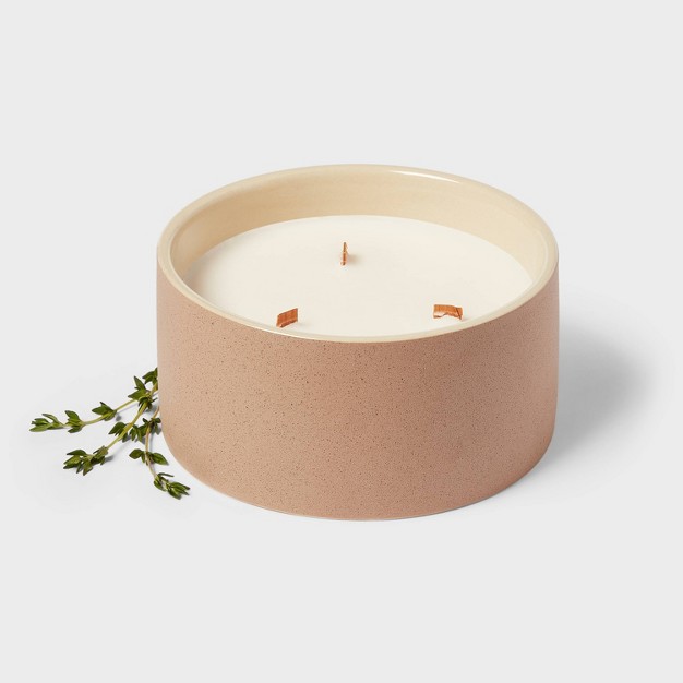 3 Wick 14oz Matte Textured Ceramic Wooden Wick Candle Brown White Sage amp Thyme