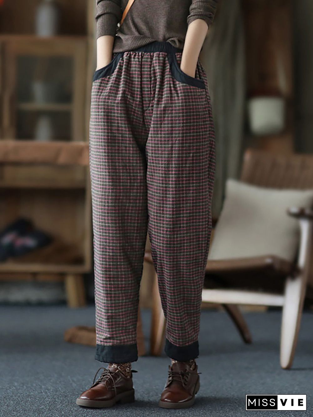 Plus Size Women Cotton Linen Plaid Elastic Waist Pants