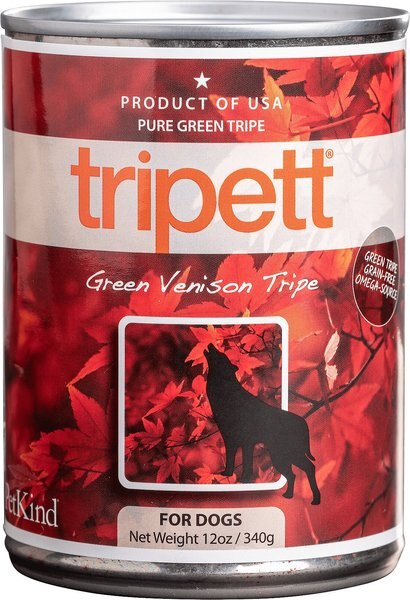 PetKind Tripett Green Venison Tripe Grain- Free Canned Dog Food， 12.8-oz can， case of 12