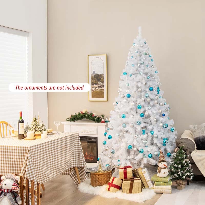 6/7.5/9FT White Hinged Artificial Christmas Tree, Premium Unlit Spruce Full Tree with Metal Stand