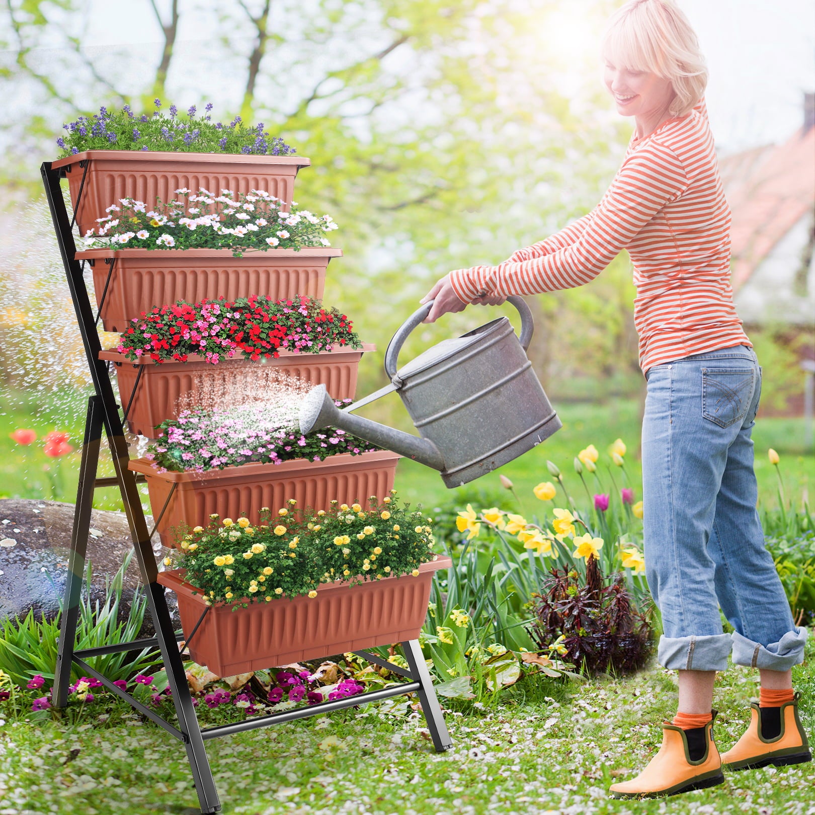 4Ft Planter Box 5-Tiers Vertical Raised Garden Bed with Drain for Patio Vegetables, Flowers Herb, 26