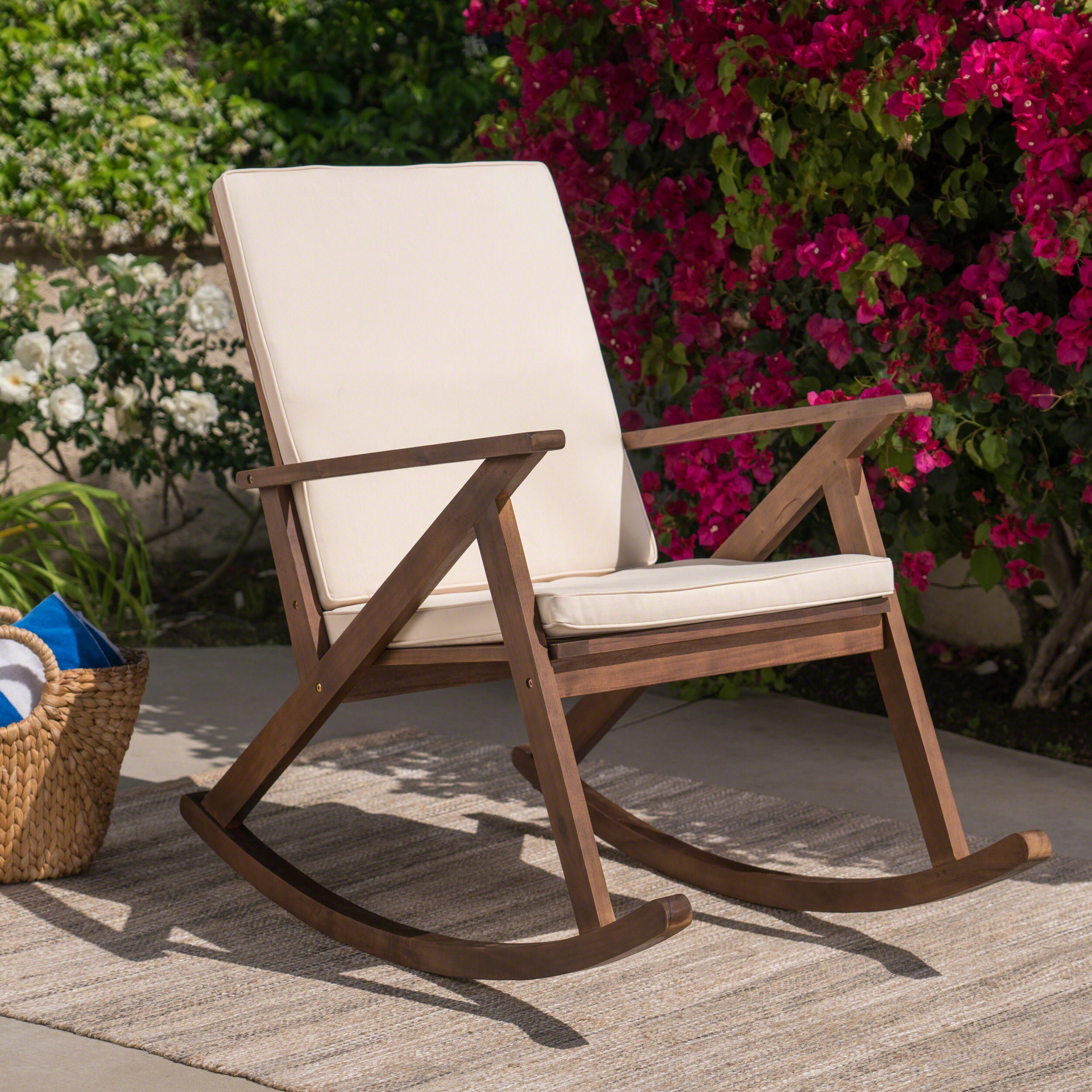 Louise Outdoor Acacia Wood Rocking Chair with Cushion