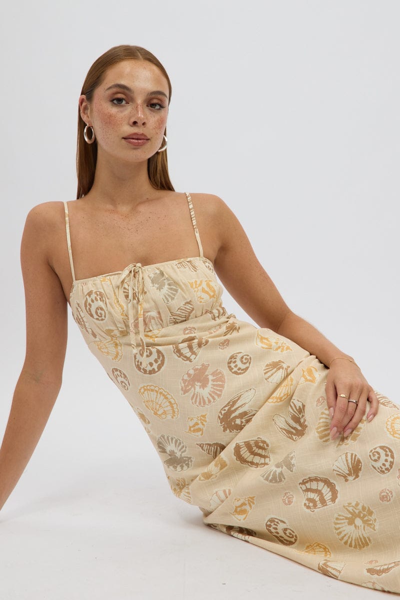 Beige Abstract Midi Dress Strappy
