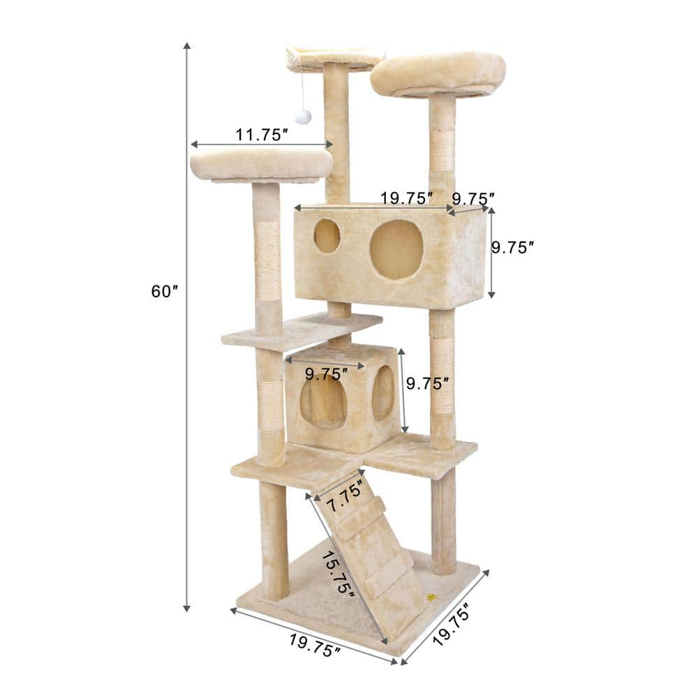 COZIWOW 59.5 in. Cat Tree Kitten Activity Condo Penthouse W/ Scratching Post and Ladder Beige CW12N0207