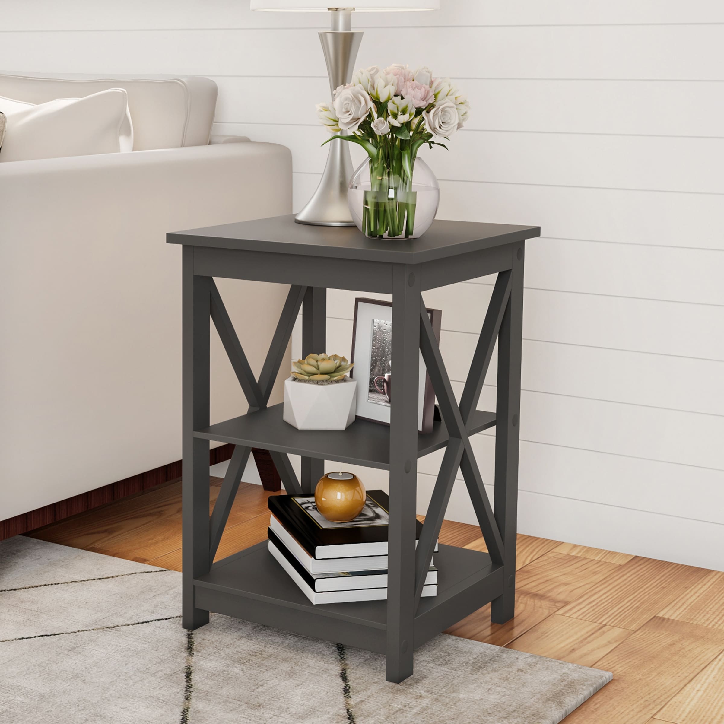 Wooden End Table - Modern Style Sofa Side Table with X-Leg Design and Two Shelves by Lavish Home (Gray)