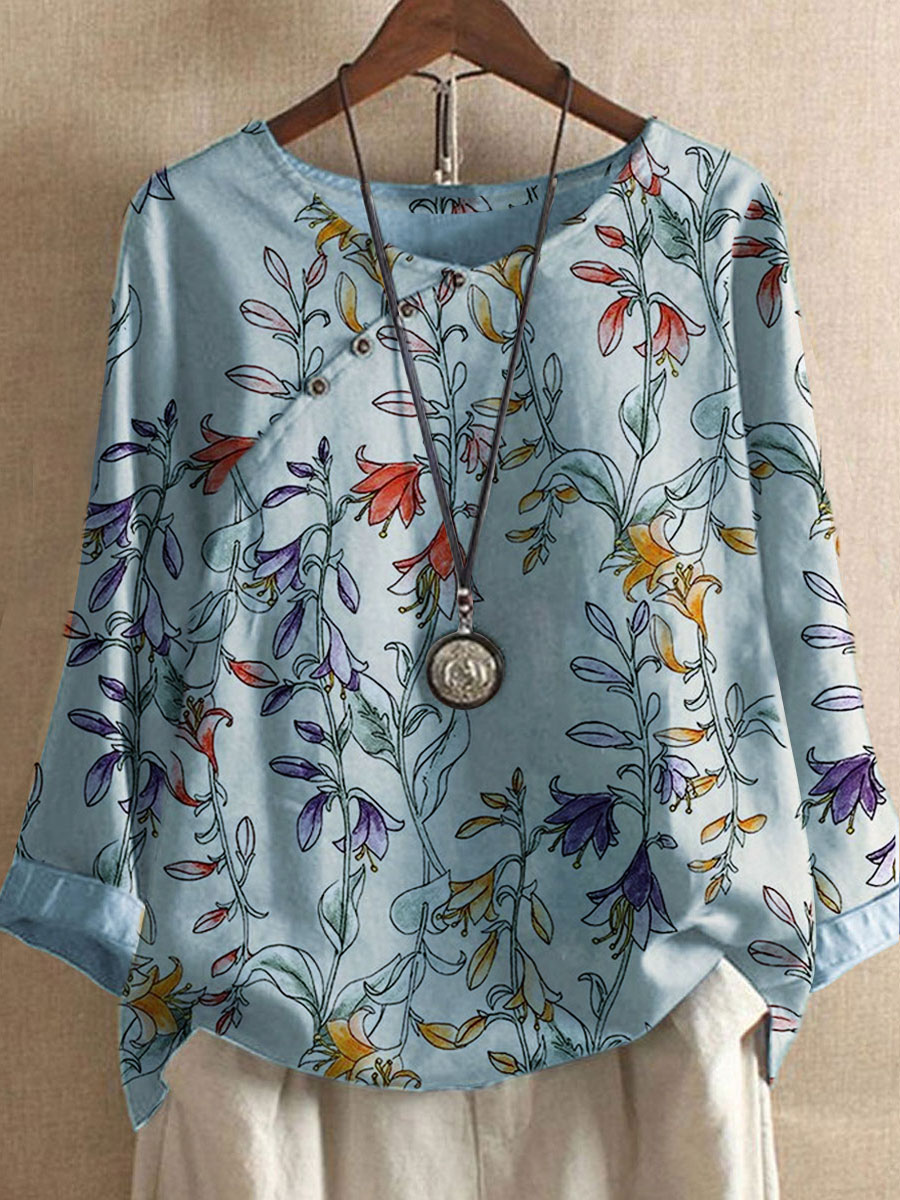 Round Neck Casual Loose Floral Print Long Sleeve Blouse