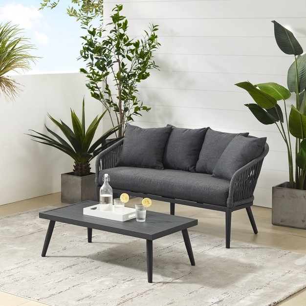 Dover 2pc Outdoor Rope Conversation Set With Loveseat amp Coffee Table Charcoal matte Black Crosley