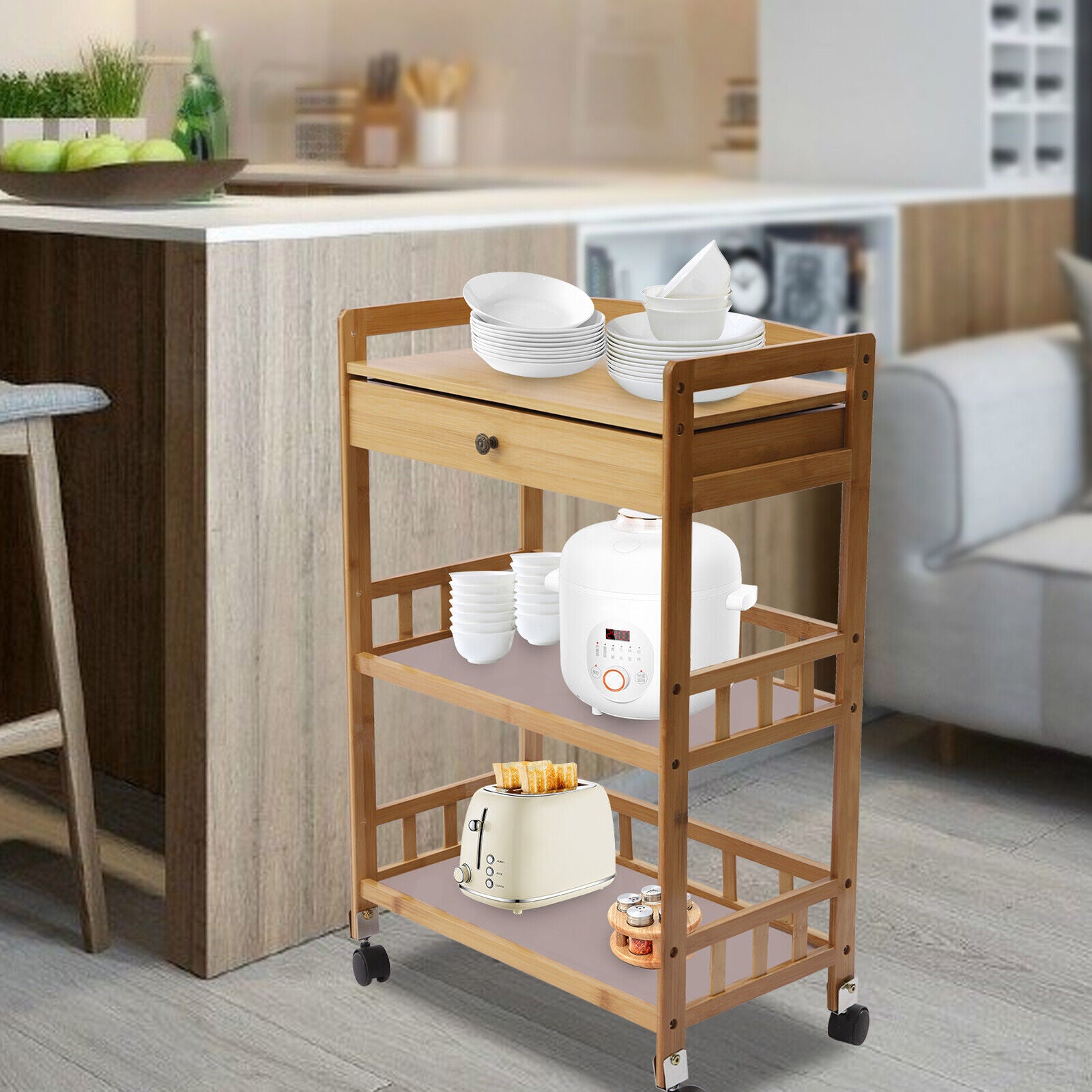 TFCFL Rolling Kitchen Cart 3 Tiers Bamboo Island Trolley Cart with Wheels and 1 Drawer