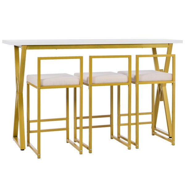 4 piece counter height bar table and chairs， modern style gold dining table set with 3 cushion stools