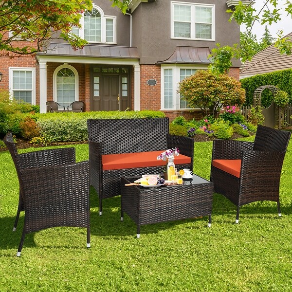 Costway 4PCS Rattan Patio Furniture Set Cushioned Sofa Chair Coffee