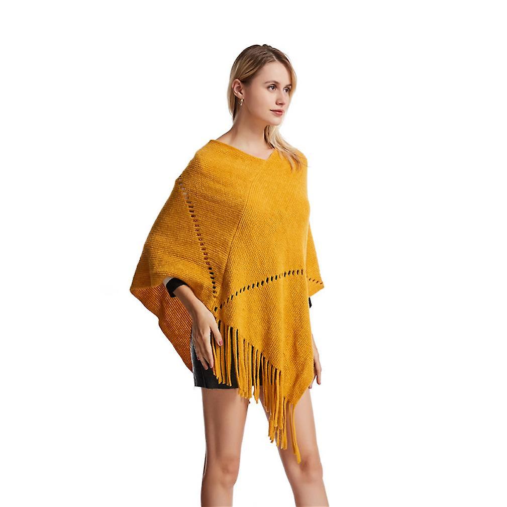 Yellow Loose Shawl Pullover Kniting Poncho With Tassel Batwing Blouse For Lady