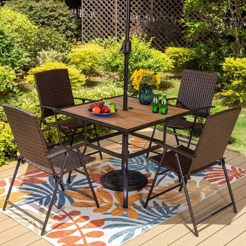 PHI VILLA 3/5 Piece Patio Rattan Folding Dining Set with 9ft Umbrella