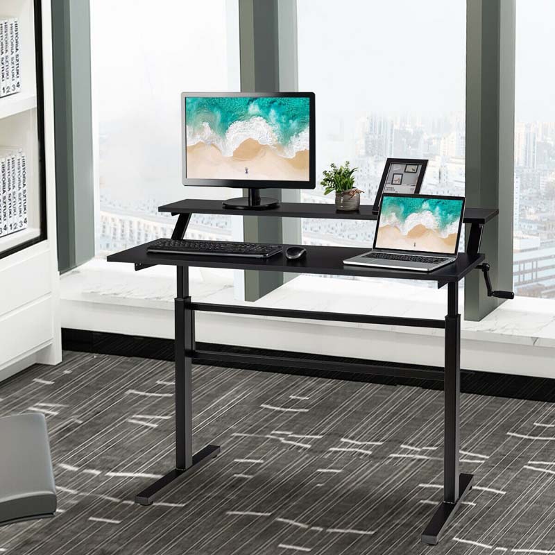 2-Tier Standing Desk, Height Adjustable Sit Stand Up Desk, Computer Desk Workstation with Monitor Stand & Foldable Crank Handle