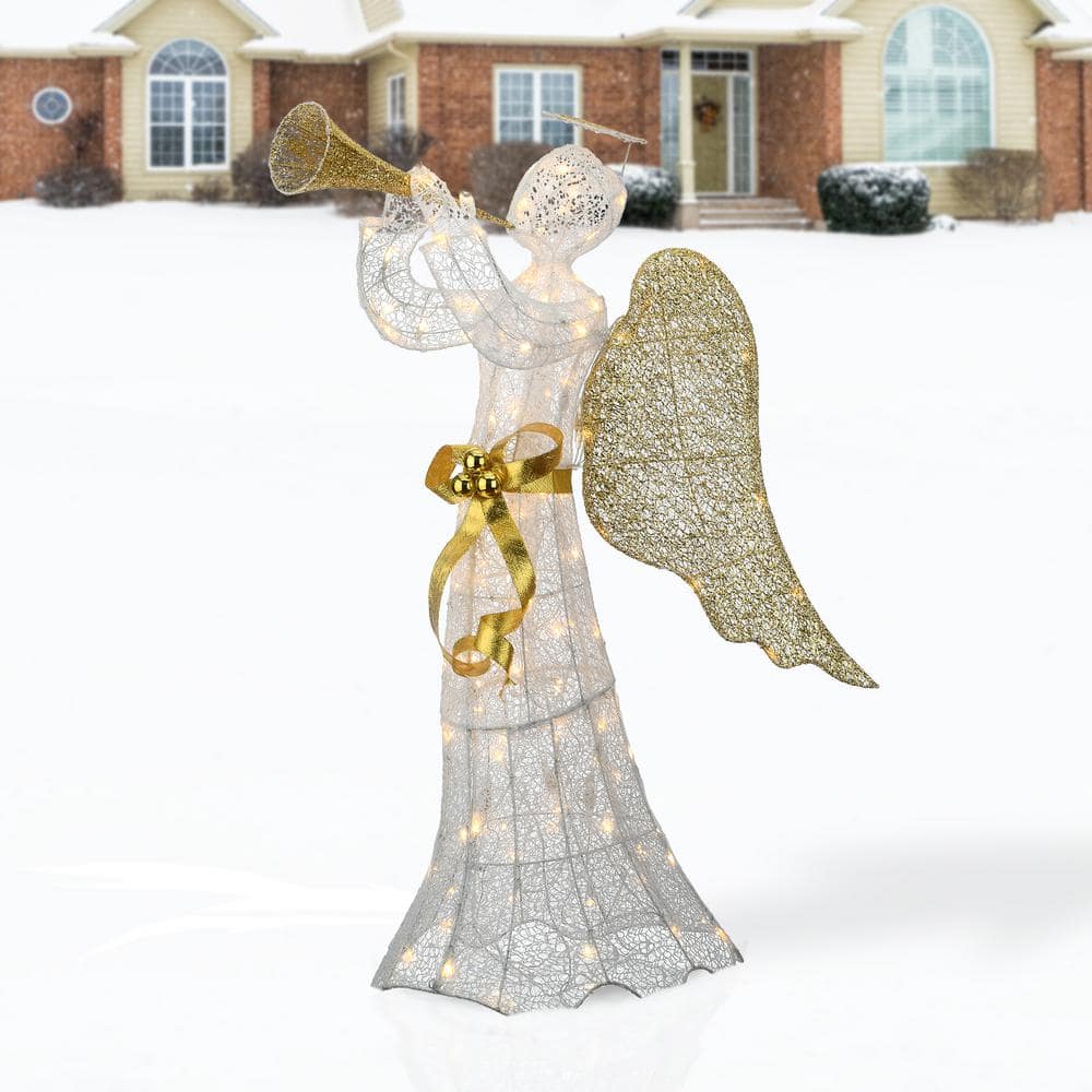  51 in. Trumpeting Gold and White Angel with Warm White LED Lights MZ17-90301