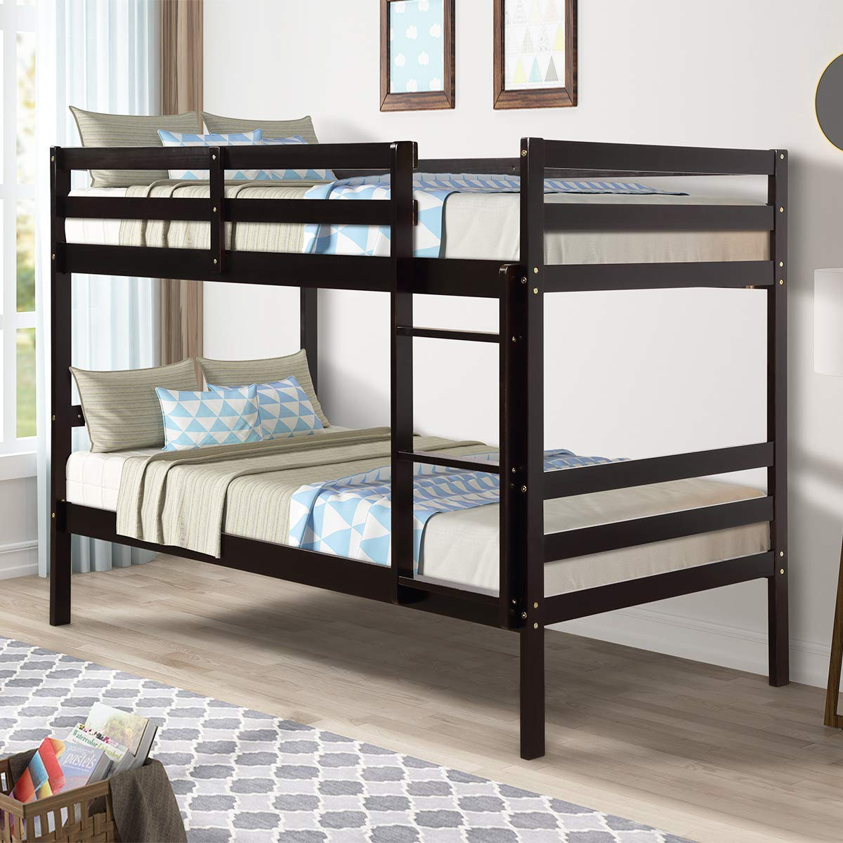 Costzon Twin Bunk Bed, Solid Hardwood Twin Over Twin Bed for Kids with Ladder and Safety Rail