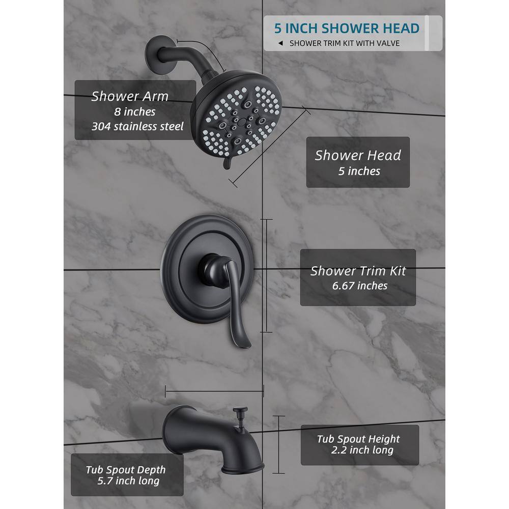 ELLOALLO Single-Handle 5-Spray Handheld Tub and Shower Faucet with 5 in. Shower Head Combo in Matte Black (Valve Included) ES-B-T1004